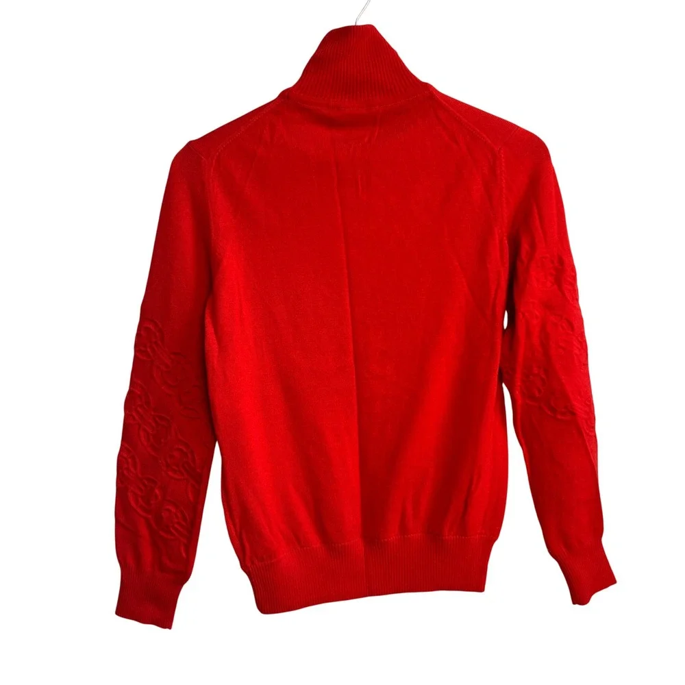 Tory Burch Gemini Red Merino Wool Turtleneck Sweater Textured‎ Monogram Red XS